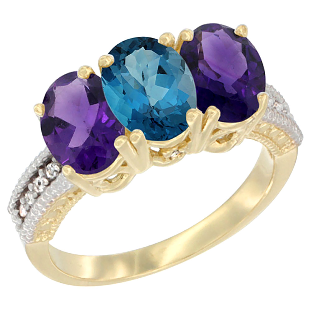 14K Yellow Gold Natural London Blue Topaz &amp; Amethyst Ring 3-Stone 7x5 mm Oval Diamond Accent, sizes 5 - 10