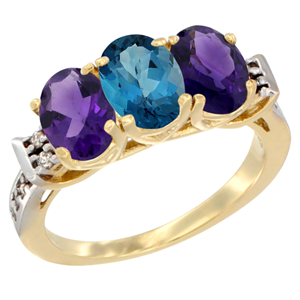 10K Yellow Gold Natural London Blue Topaz &amp; Amethyst Sides Ring 3-Stone Oval 7x5 mm Diamond Accent, sizes 5 - 10