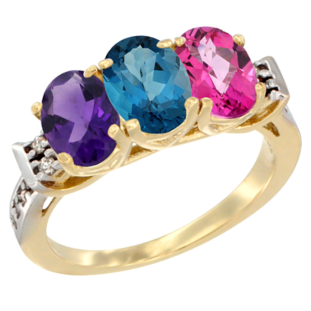 14K Yellow Gold Natural Amethyst, London Blue Topaz &amp; Pink Topaz Ring 3-Stone 7x5 mm Oval Diamond Accent, sizes 5 - 10