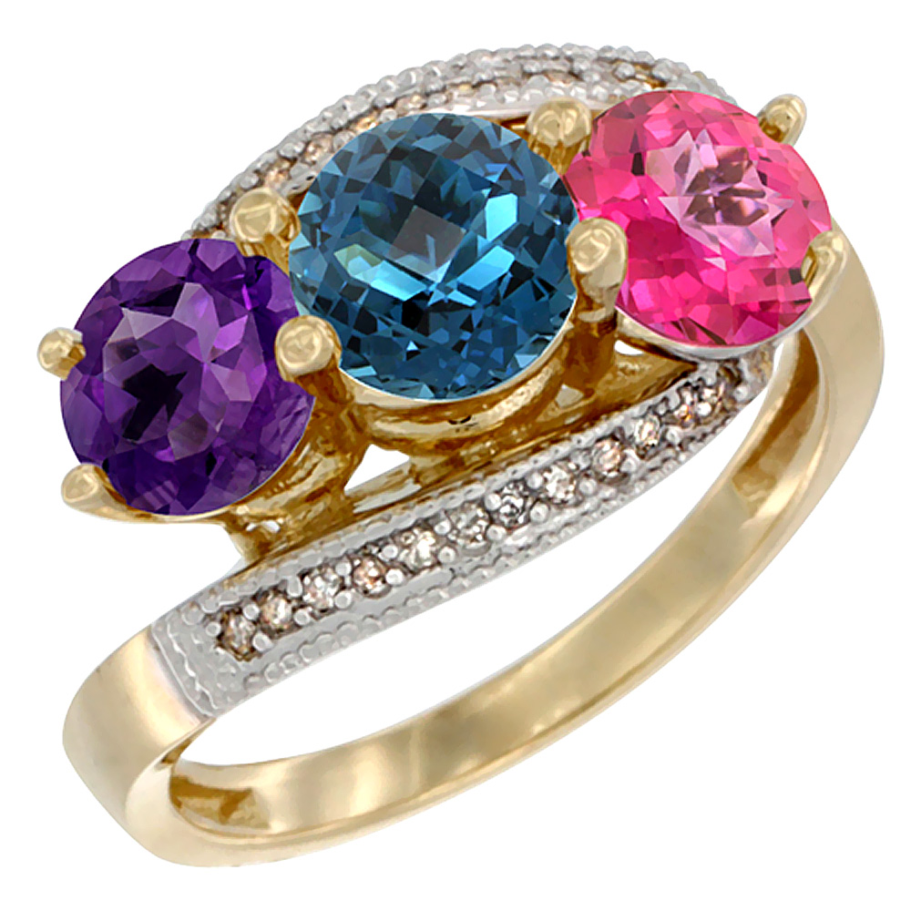 10K Yellow Gold Natural Amethyst, London Blue &amp; Pink Topaz 3 stone Ring Round 6mm Diamond Accent, sizes 5 - 10