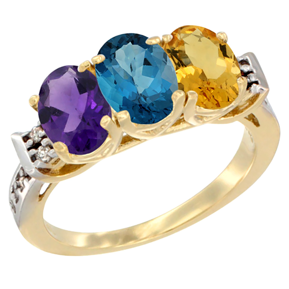 14K Yellow Gold Natural Amethyst, London Blue Topaz &amp; Citrine Ring 3-Stone 7x5 mm Oval Diamond Accent, sizes 5 - 10