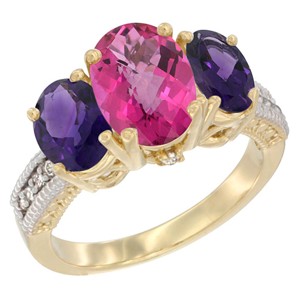10K Yellow Gold Diamond Natural Pink Topaz Ring 3-Stone Oval 8x6mm with Amethyst, sizes5-10