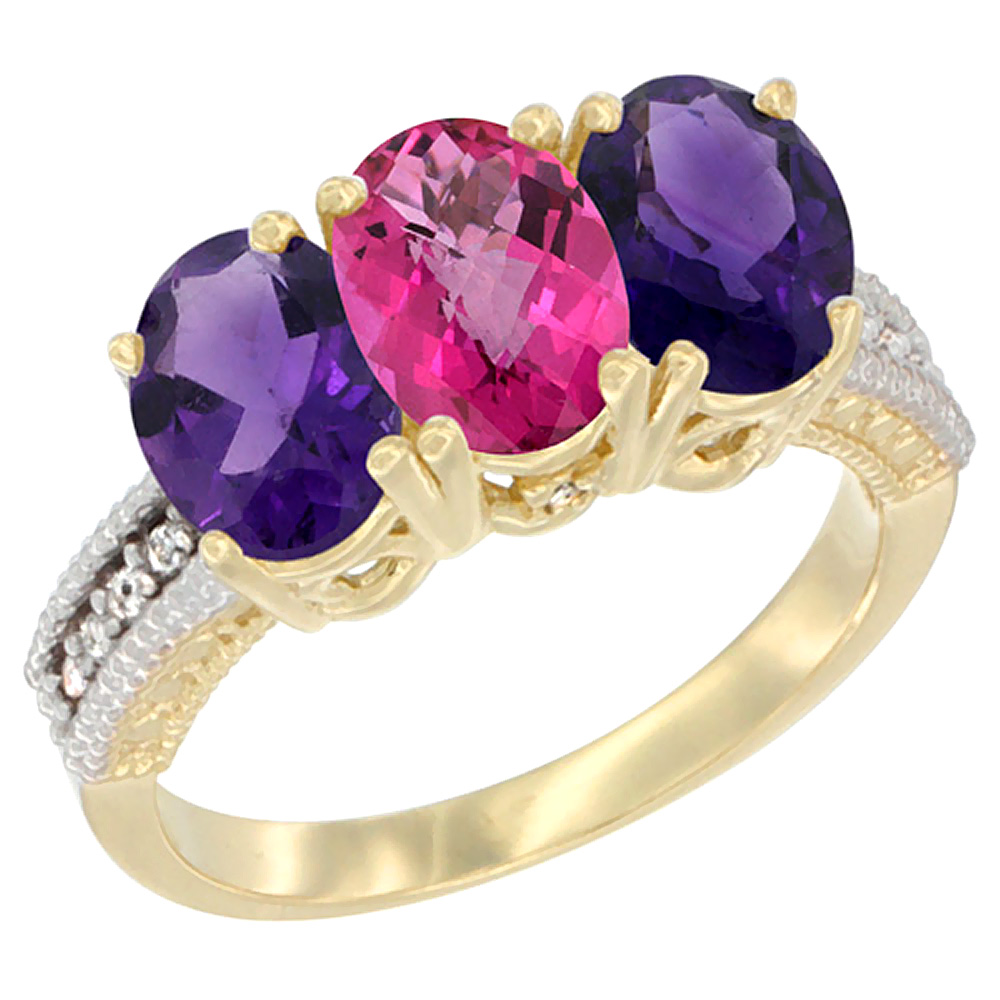 10K Yellow Gold Diamond Natural Pink Topaz & Amethyst Ring Oval 3-Stone 7x5 mm,sizes 5-10