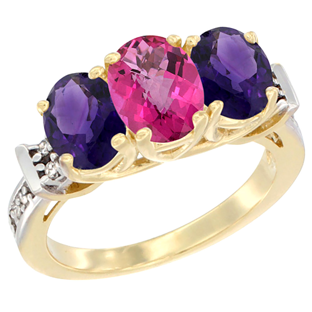 10K Yellow Gold Natural Pink Topaz & Amethyst Sides Ring 3-Stone Oval Diamond Accent, sizes 5 - 10