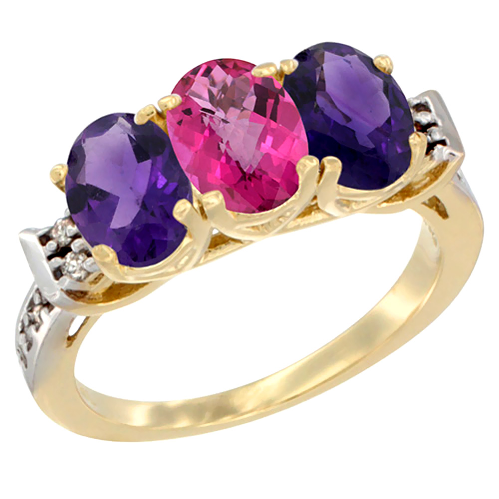 10K Yellow Gold Natural Pink Topaz &amp; Amethyst Sides Ring 3-Stone Oval 7x5 mm Diamond Accent, sizes 5 - 10