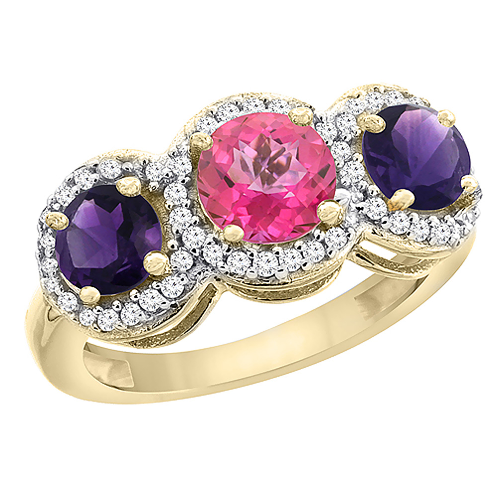 14K Yellow Gold Natural Pink Topaz &amp; Amethyst Sides Round 3-stone Ring Diamond Accents, sizes 5 - 10