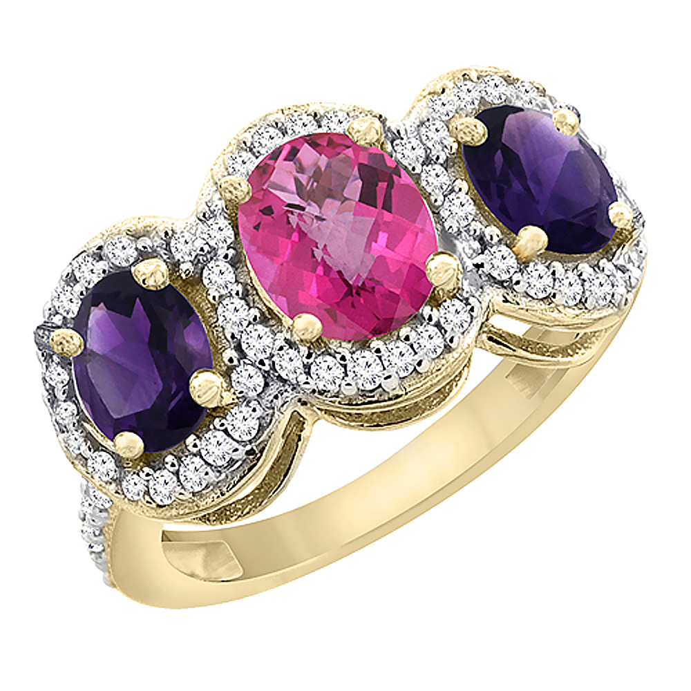 10K Yellow Gold Natural Pink Topaz &amp; Amethyst 3-Stone Ring Oval Diamond Accent, sizes 5 - 10
