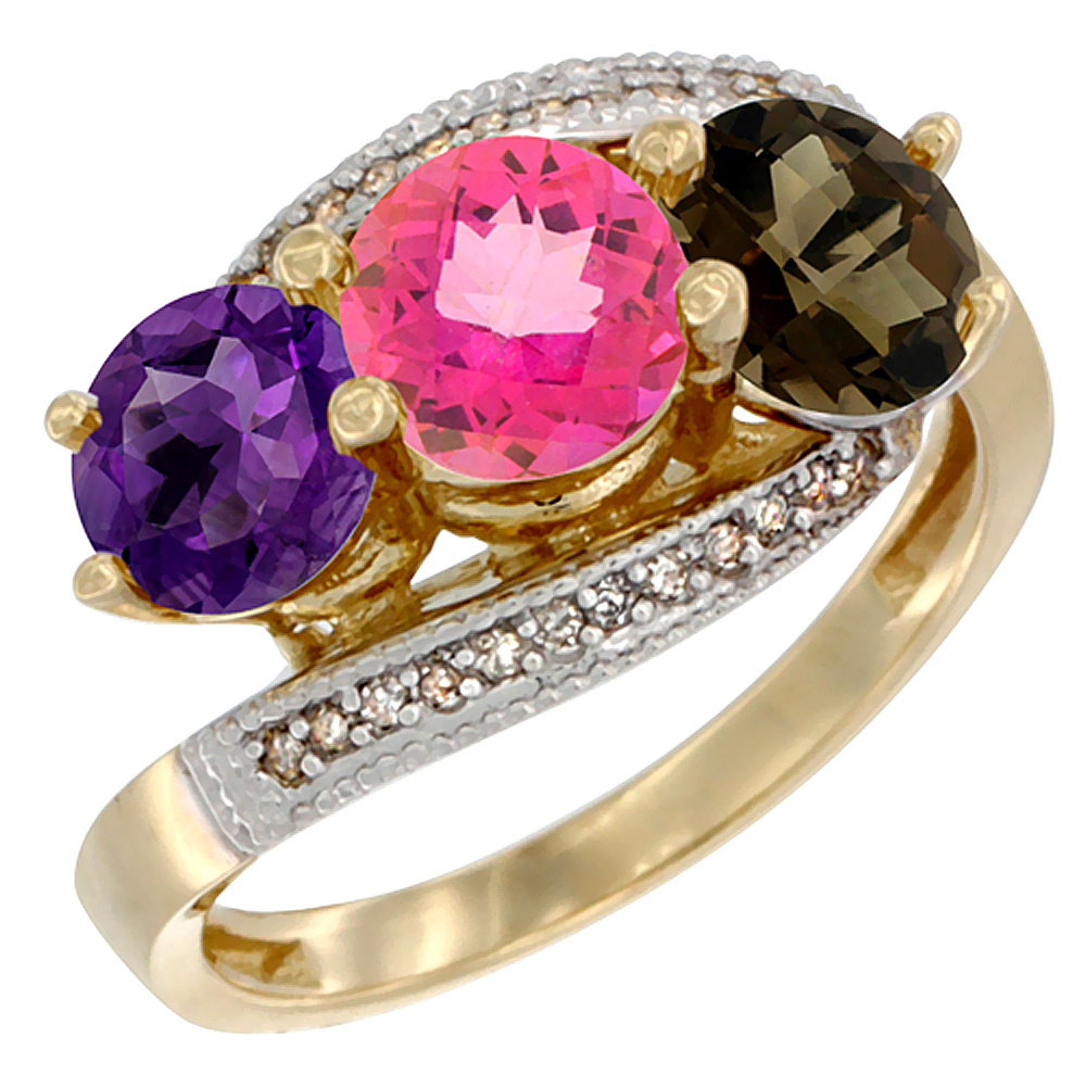 14K Yellow Gold Natural Amethyst, Pink &amp; Smoky Topaz 3 stone Ring Round 6mm Diamond Accent, sizes 5 - 10