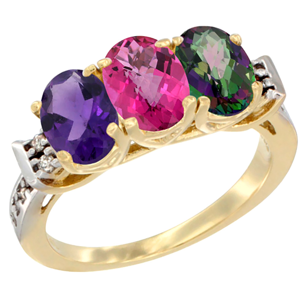 14K Yellow Gold Natural Amethyst, Pink Topaz &amp; Mystic Topaz Ring 3-Stone 7x5 mm Oval Diamond Accent, sizes 5 - 10