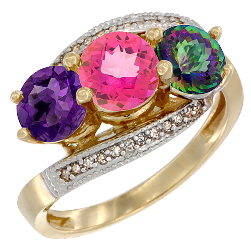10K Yellow Gold Natural Amethyst, Pink &amp; Mystic Topaz 3 stone Ring Round 6mm Diamond Accent, sizes 5 - 10
