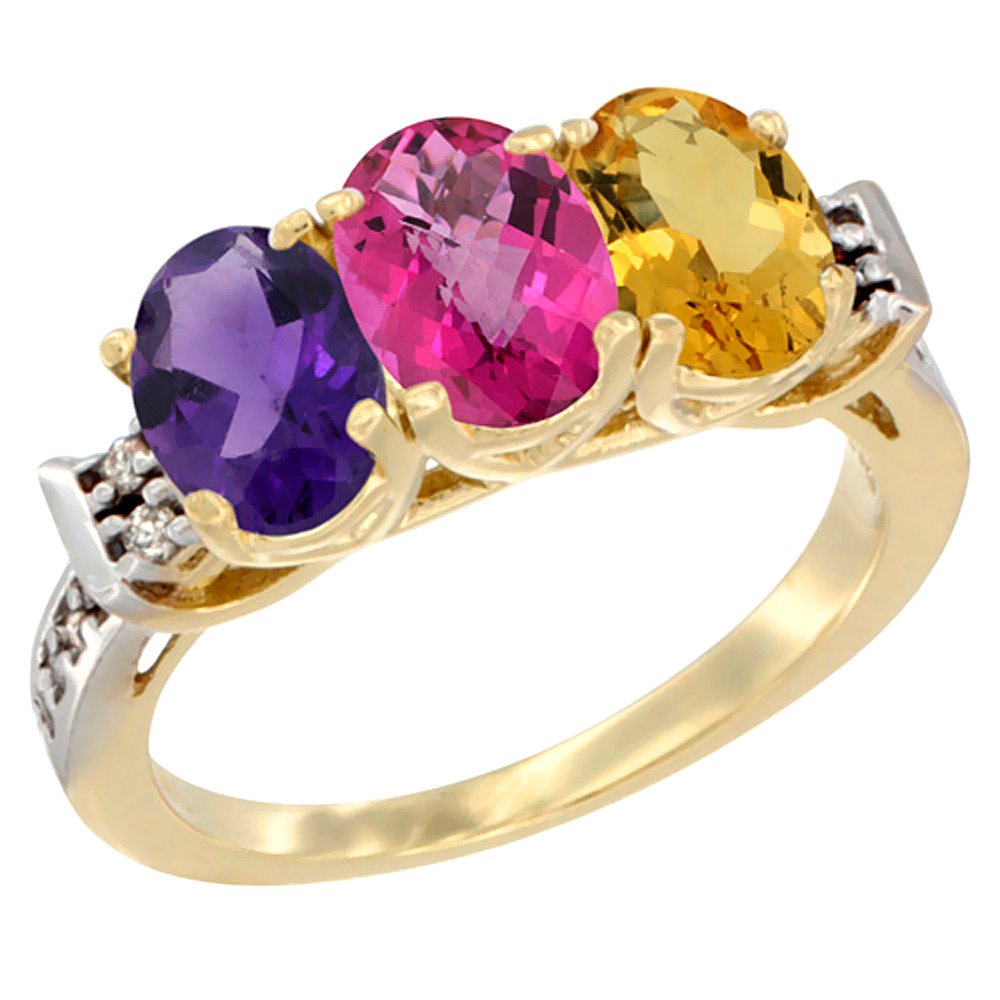 10K Yellow Gold Natural Amethyst, Pink Topaz &amp; Citrine Ring 3-Stone Oval 7x5 mm Diamond Accent, sizes 5 - 10