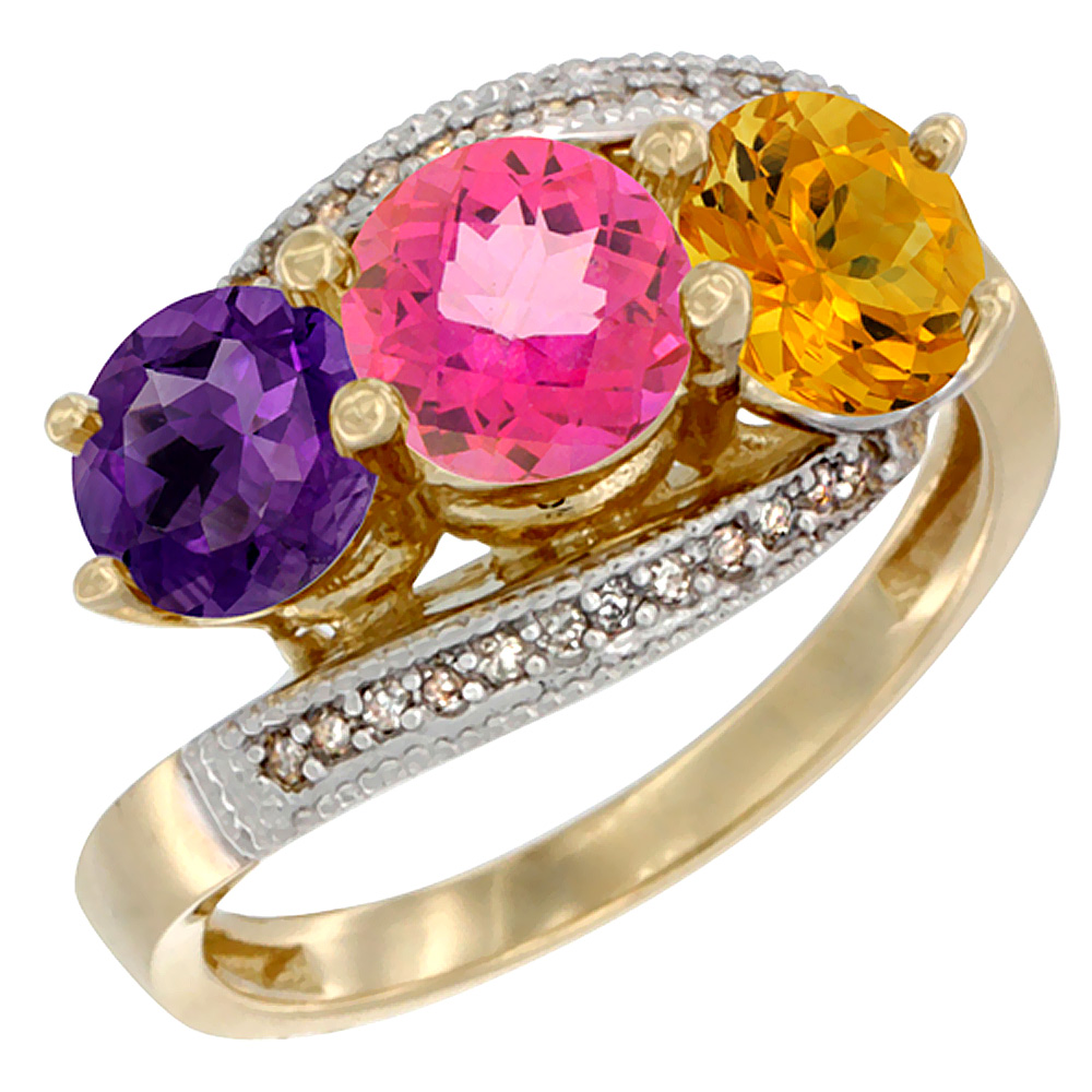 10K Yellow Gold Natural Amethyst, Pink Topaz &amp; Citrine 3 stone Ring Round 6mm Diamond Accent, sizes 5 - 10