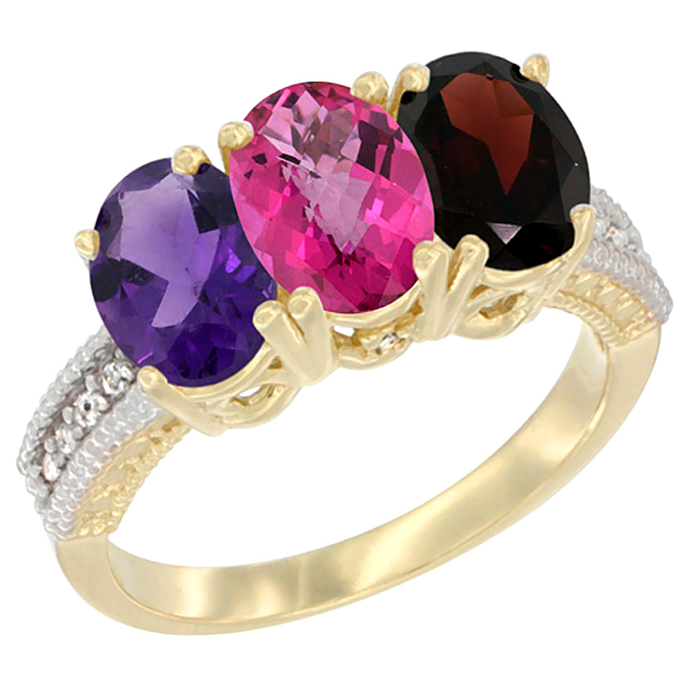 14K Yellow Gold Natural Amethyst, Pink Topaz &amp; Garnet Ring 3-Stone 7x5 mm Oval Diamond Accent, sizes 5 - 10