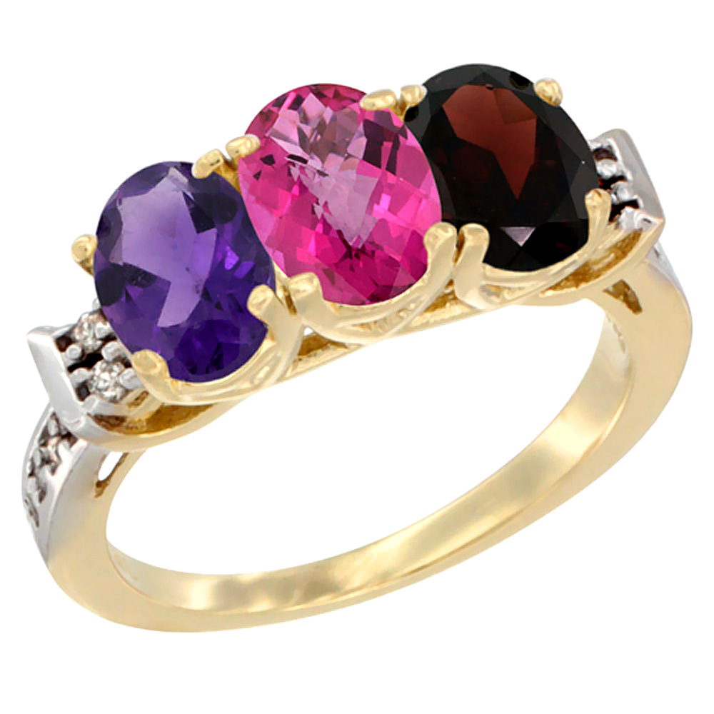10K Yellow Gold Natural Amethyst, Pink Topaz &amp; Garnet Ring 3-Stone Oval 7x5 mm Diamond Accent, sizes 5 - 10
