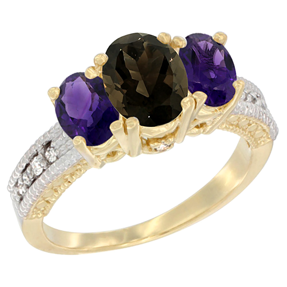 10K Yellow Gold Diamond Natural Smoky Topaz Ring Oval 3-stone with Amethyst, sizes 5 - 10