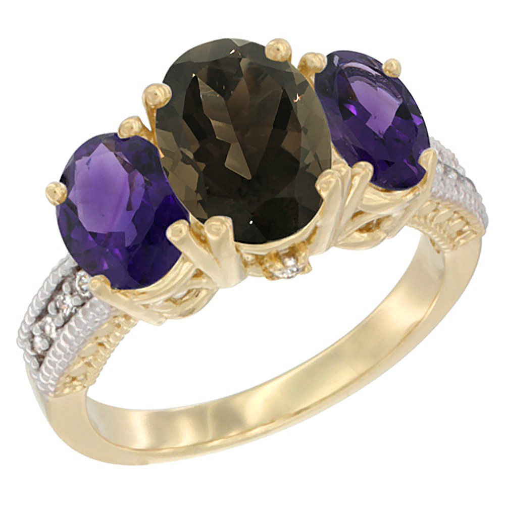 10K Yellow Gold Diamond Natural Smoky Topaz Ring 3-Stone Oval 8x6mm with Amethyst, sizes5-10