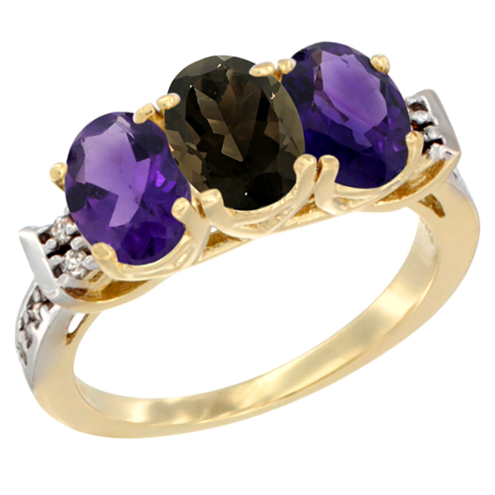 14K Yellow Gold Natural Smoky Topaz &amp; Amethyst Sides Ring 3-Stone 7x5 mm Oval Diamond Accent, sizes 5 - 10