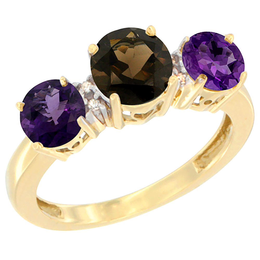 14K Yellow Gold Round 3-Stone Natural Smoky Topaz Ring &amp; Amethyst Sides Diamond Accent, sizes 5 - 10
