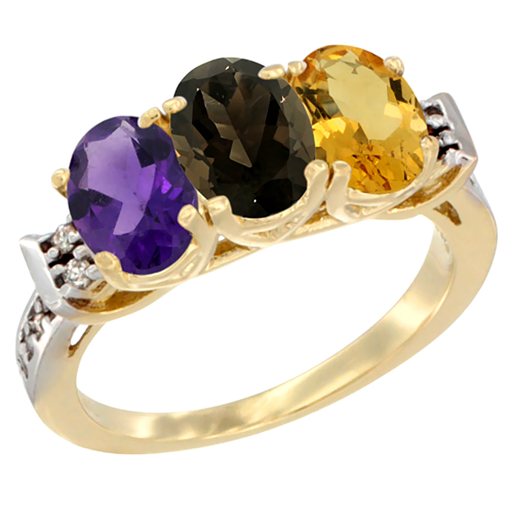 14K Yellow Gold Natural Amethyst, Smoky Topaz &amp; Citrine Ring 3-Stone 7x5 mm Oval Diamond Accent, sizes 5 - 10