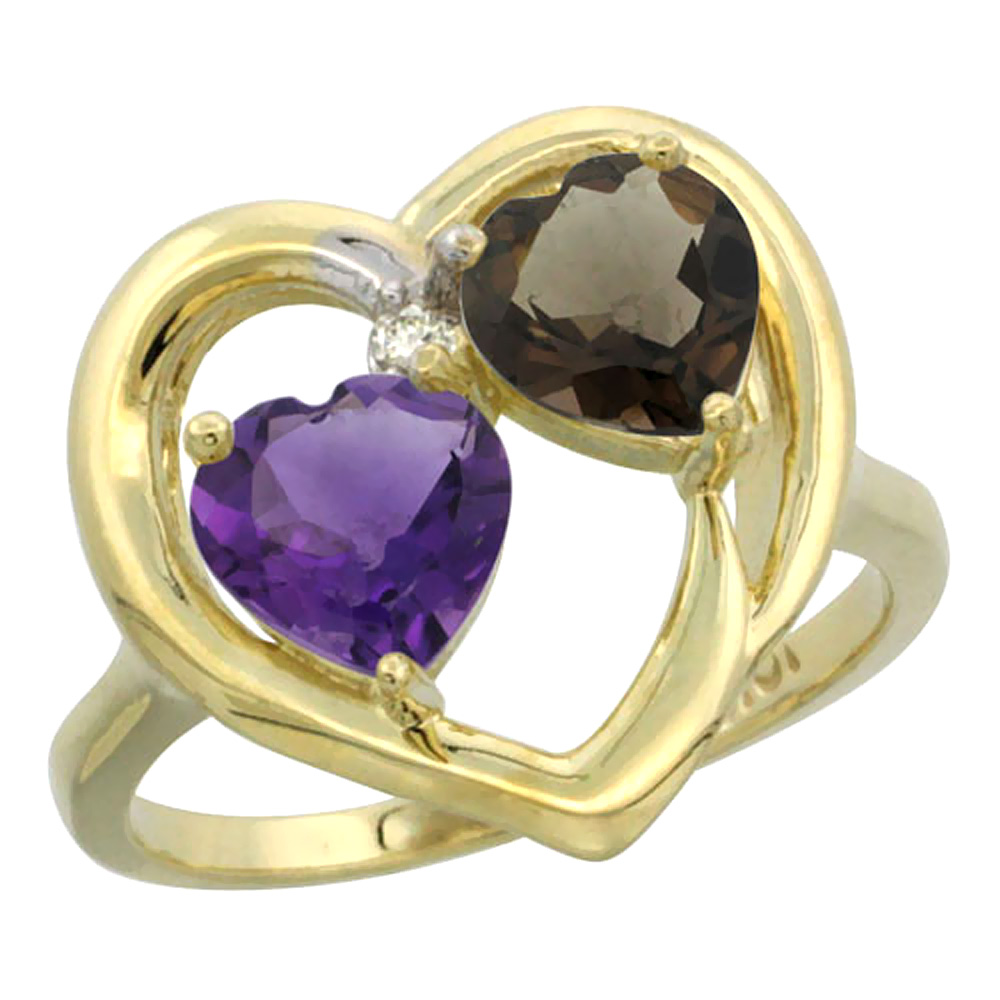 14K Yellow Gold Diamond Two-stone Heart Ring 6mm Natural Amethyst &amp; Smoky Topaz, sizes 5-10