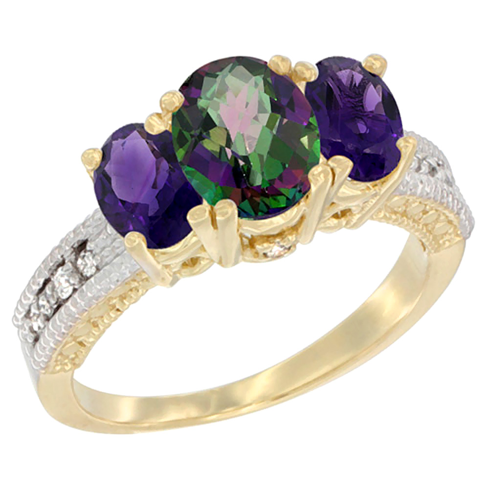 14K Yellow Gold Diamond Natural Mystic Topaz Ring Oval 3-stone with Amethyst, sizes 5 - 10