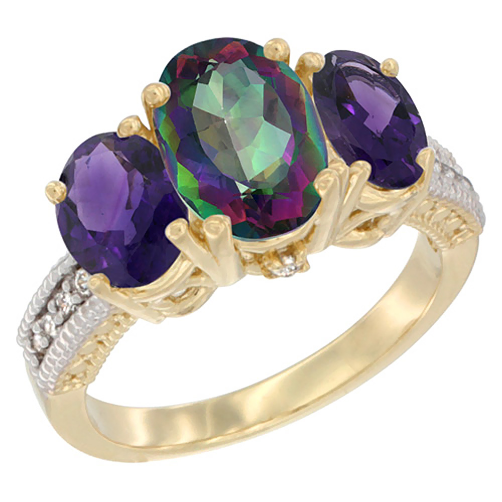 14K Yellow Gold Diamond Natural Mystic Topaz Ring 3-Stone Oval 8x6mm with Amethyst, sizes5-10