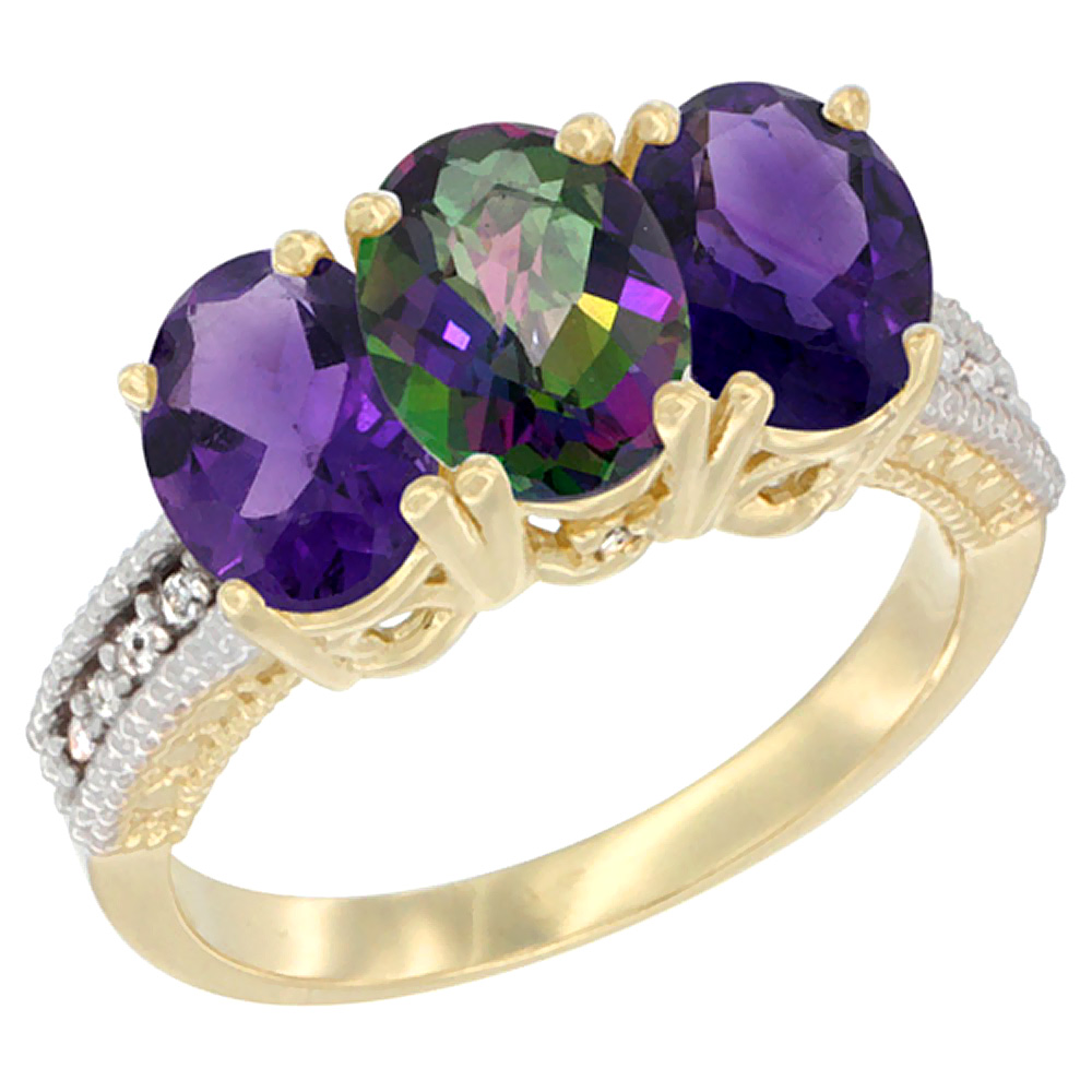 14K Yellow Gold Natural Mystic Topaz & Amethyst Ring 3-Stone 7x5 mm Oval Diamond Accent, sizes 5 - 10