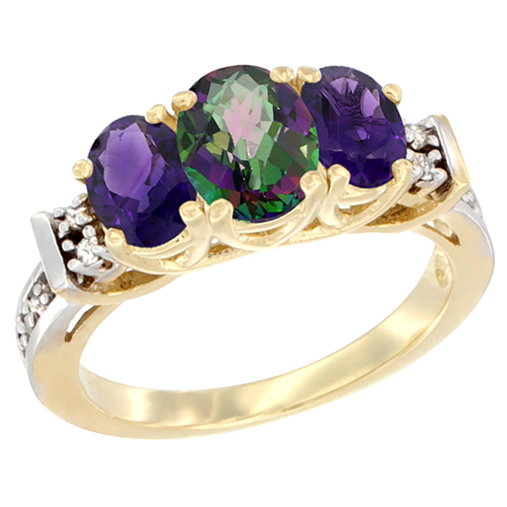 10K Yellow Gold Natural Mystic Topaz & Amethyst Ring 3-Stone Oval Diamond Accent