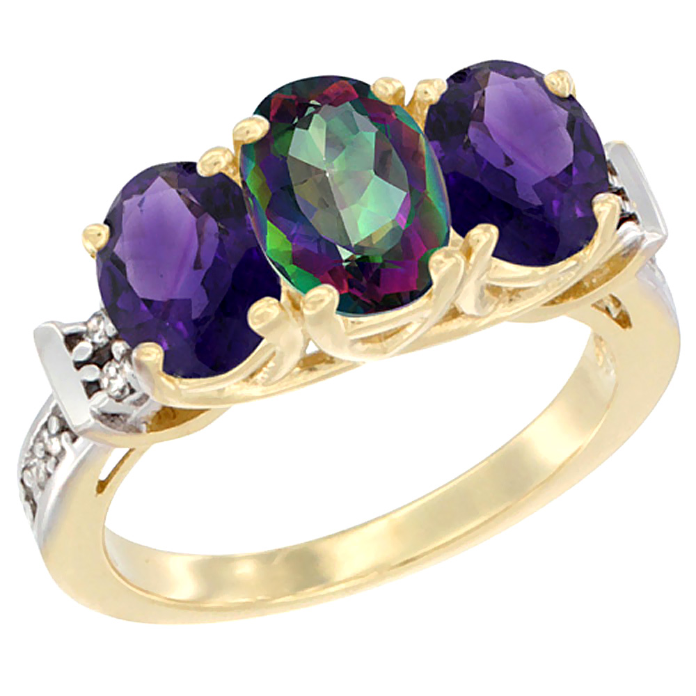 14K Yellow Gold Natural Mystic Topaz &amp; Amethyst Sides Ring 3-Stone Oval Diamond Accent, sizes 5 - 10
