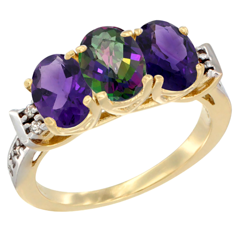 14K Yellow Gold Natural Mystic Topaz & Amethyst Sides Ring 3-Stone 7x5 mm Oval Diamond Accent, sizes 5 - 10