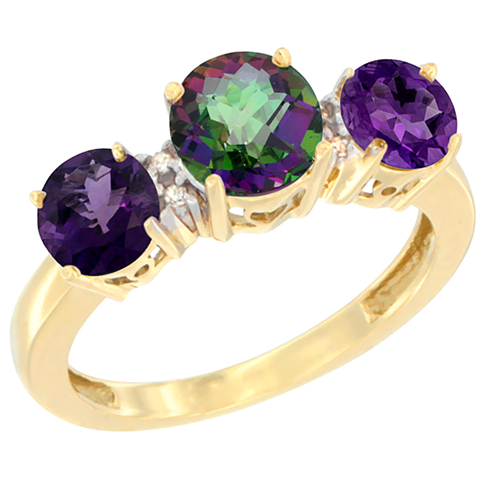 14K Yellow Gold Round 3-Stone Natural Mystic Topaz Ring & Amethyst Sides Diamond Accent, sizes 5 - 10
