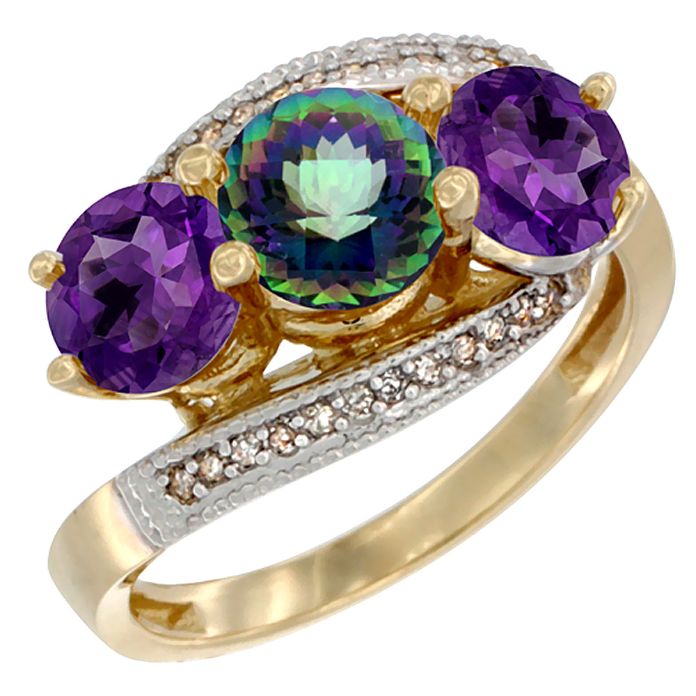 14K Yellow Gold Natural Mystic Topaz &amp; Amethyst Sides 3 stone Ring Round 6mm Diamond Accent, sizes 5 - 10