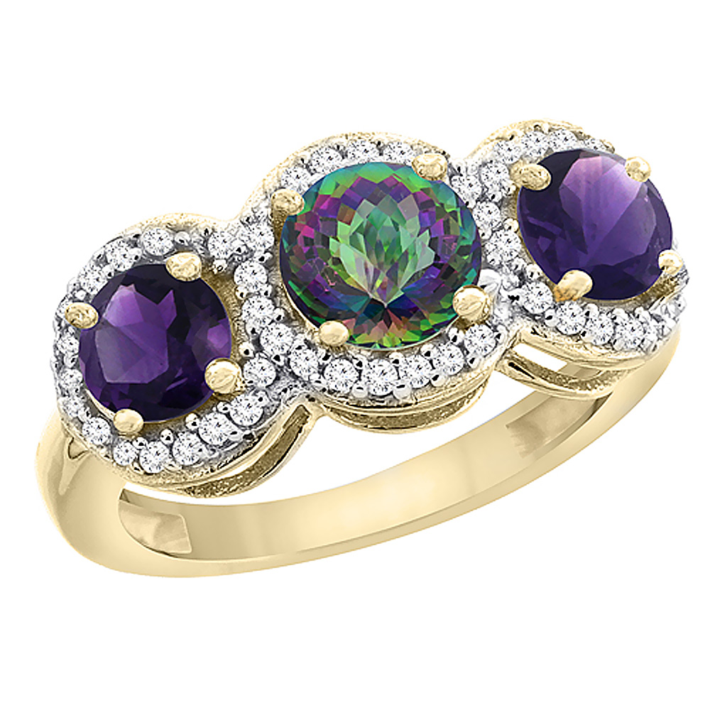 14K Yellow Gold Natural Mystic Topaz &amp; Amethyst Sides Round 3-stone Ring Diamond Accents, sizes 5 - 10