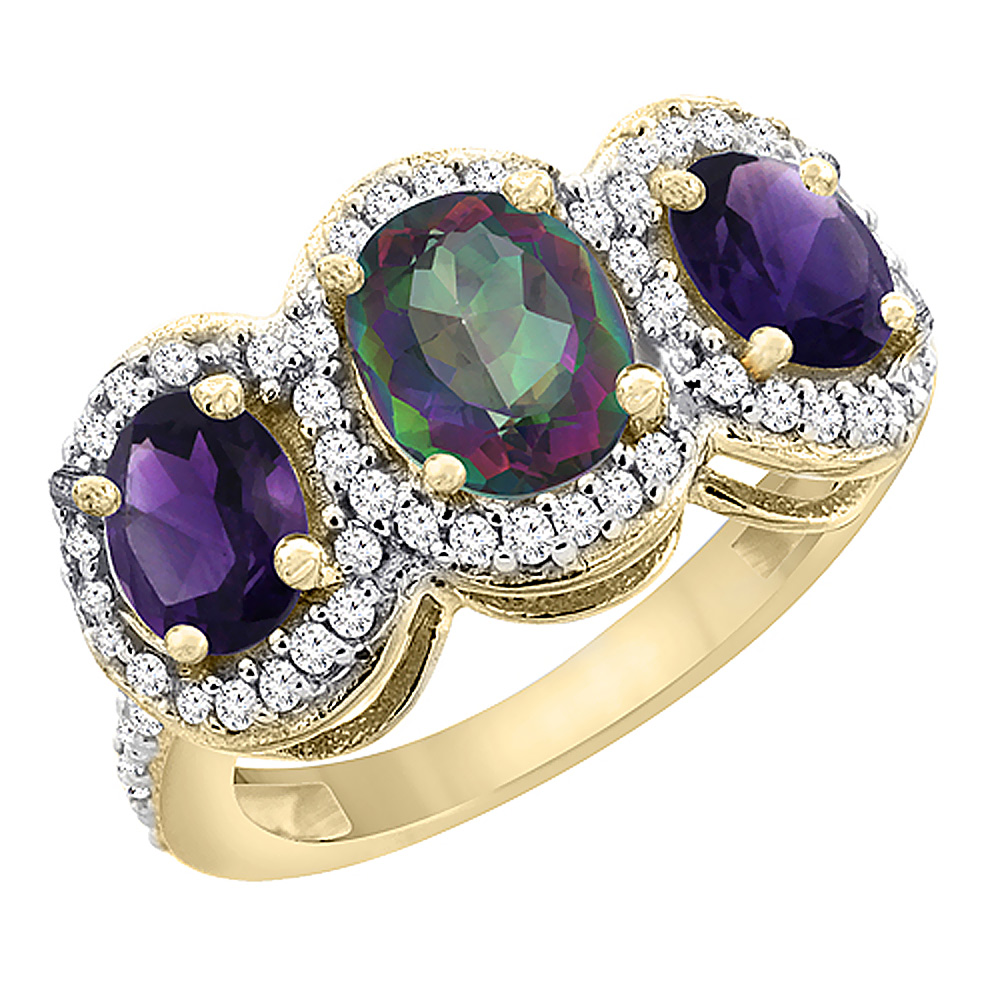 14K Yellow Gold Natural Mystic Topaz & Amethyst 3-Stone Ring Oval Diamond Accent, sizes 5 - 10