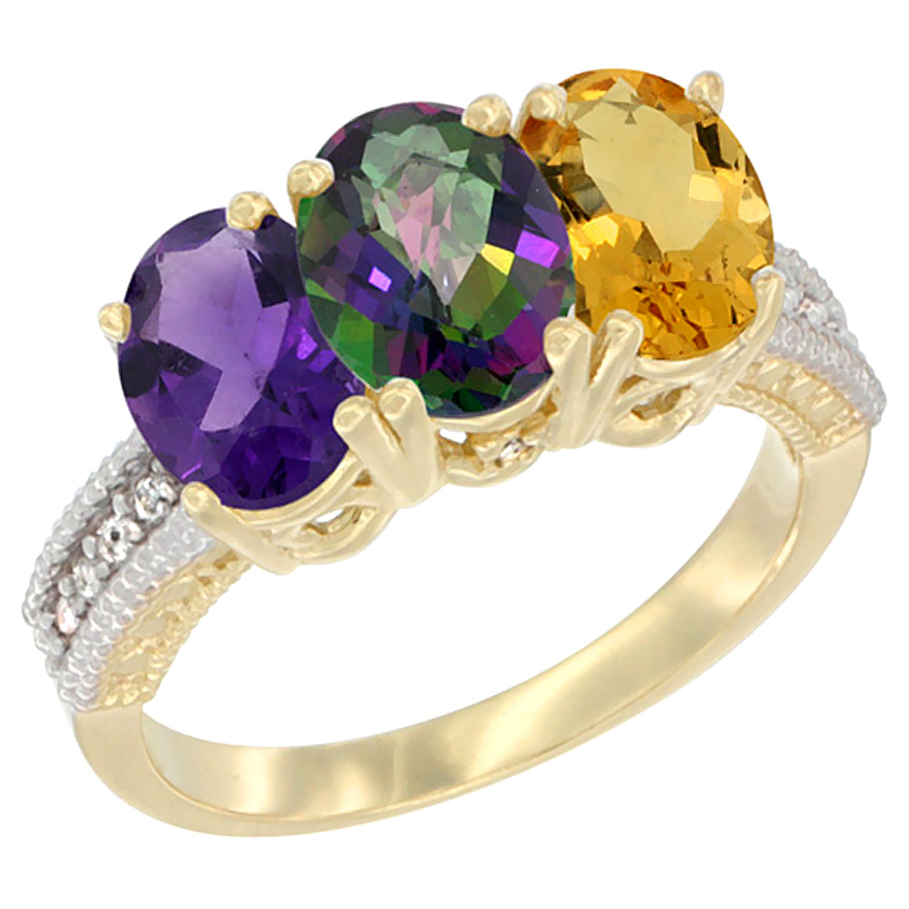 14K Yellow Gold Natural Amethyst, Mystic Topaz &amp; Citrine Ring 3-Stone 7x5 mm Oval Diamond Accent, sizes 5 - 10