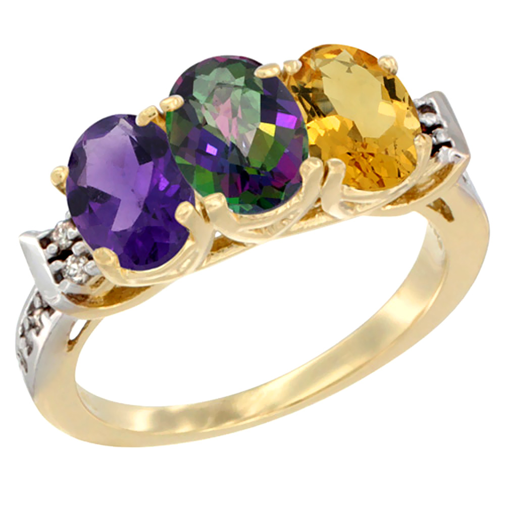 14K Yellow Gold Natural Amethyst, Mystic Topaz &amp; Citrine Ring 3-Stone 7x5 mm Oval Diamond Accent, sizes 5 - 10