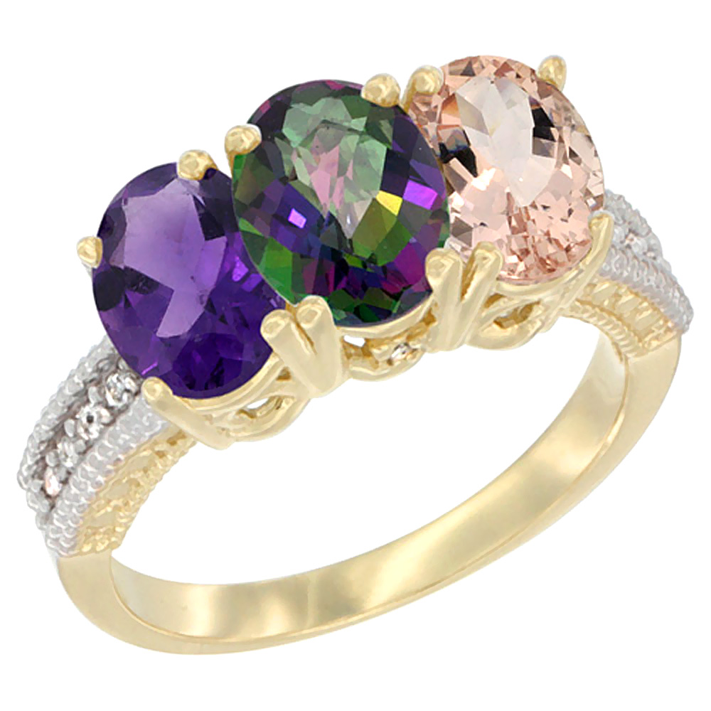14K Yellow Gold Natural Amethyst, Mystic Topaz & Morganite Ring 3-Stone 7x5 mm Oval Diamond Accent, sizes 5 - 10