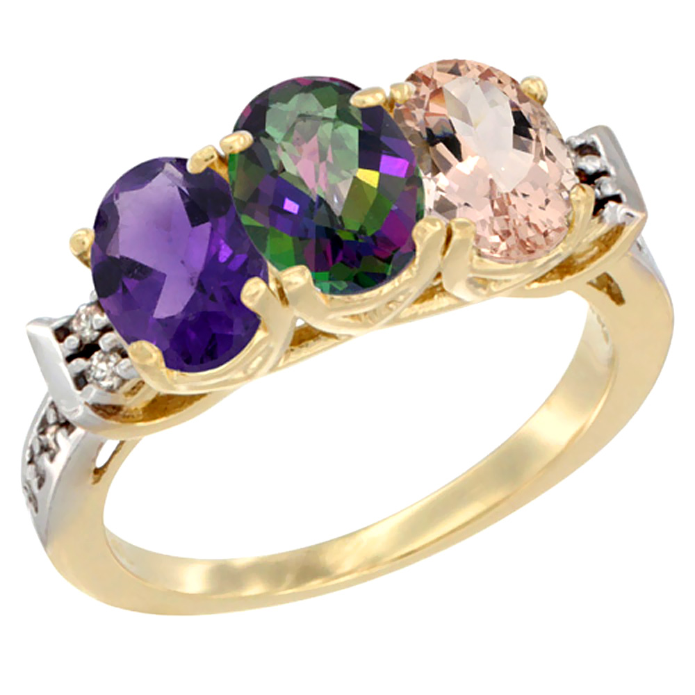 14K Yellow Gold Natural Amethyst, Mystic Topaz & Morganite Ring 3-Stone 7x5 mm Oval Diamond Accent, sizes 5 - 10