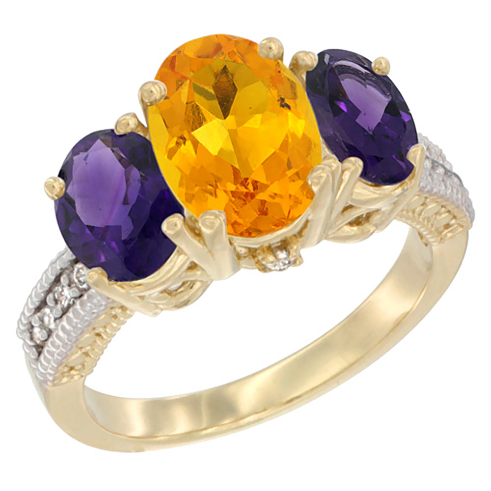 14K Yellow Gold Diamond Natural Citrine Ring 3-Stone Oval 8x6mm with Amethyst, sizes5-10