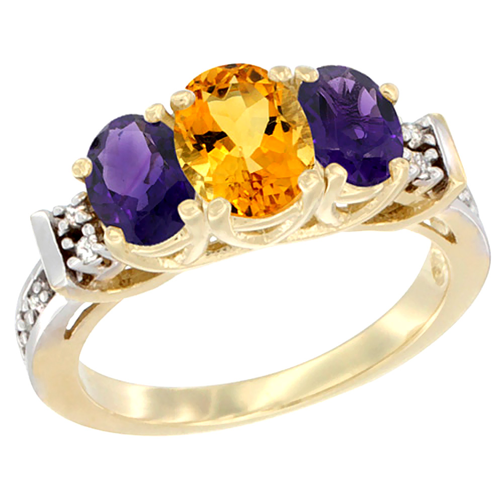 14K Yellow Gold Natural Citrine & Amethyst Ring 3-Stone Oval Diamond Accent