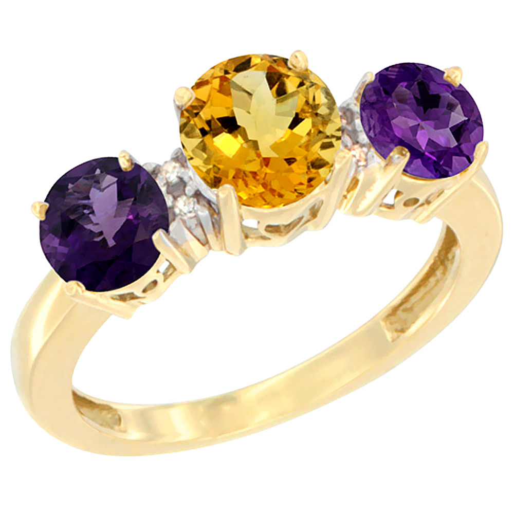 10K Yellow Gold Round 3-Stone Natural Citrine Ring &amp; Amethyst Sides Diamond Accent, sizes 5 - 10