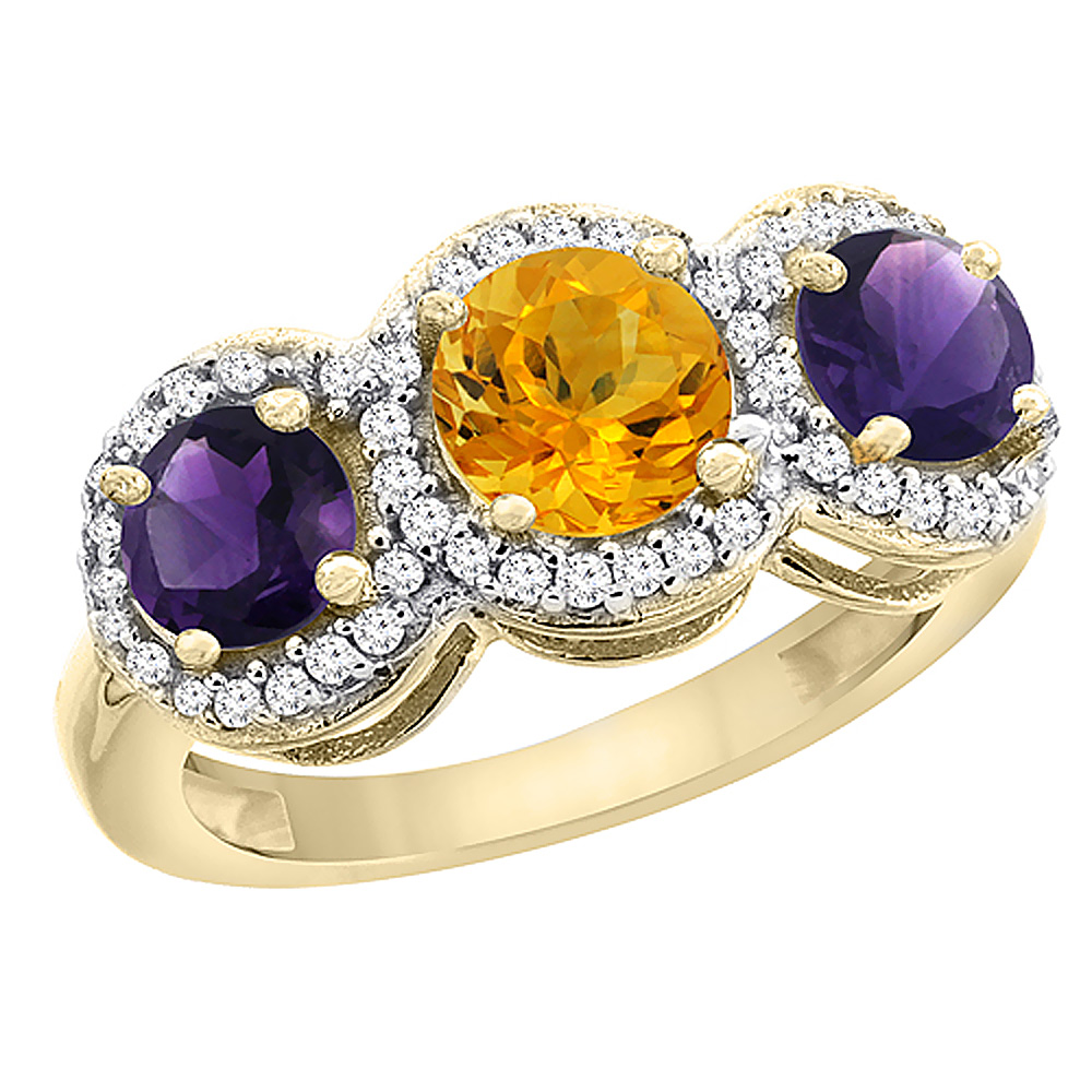 14K Yellow Gold Natural Citrine & Amethyst Sides Round 3-stone Ring Diamond Accents, sizes 5 - 10