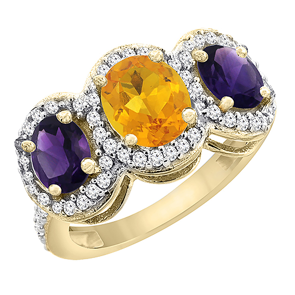 14K Yellow Gold Natural Citrine &amp; Amethyst 3-Stone Ring Oval Diamond Accent, sizes 5 - 10