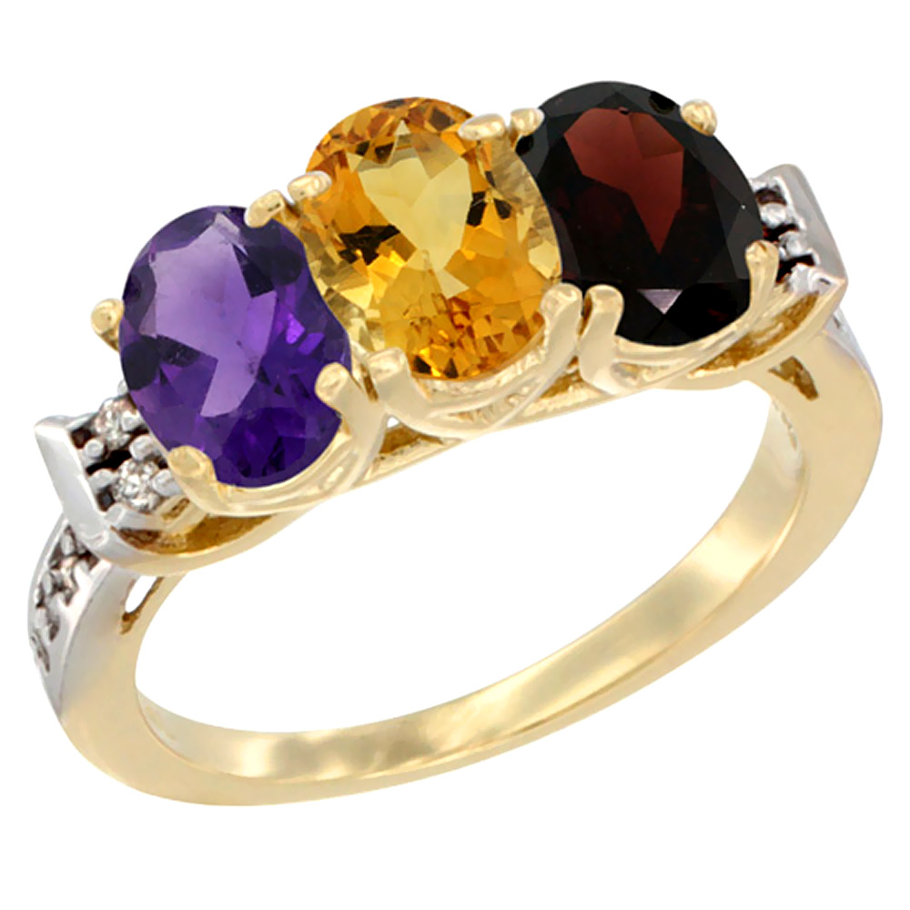 10K Yellow Gold Natural Amethyst, Citrine &amp; Garnet Ring 3-Stone Oval 7x5 mm Diamond Accent, sizes 5 - 10