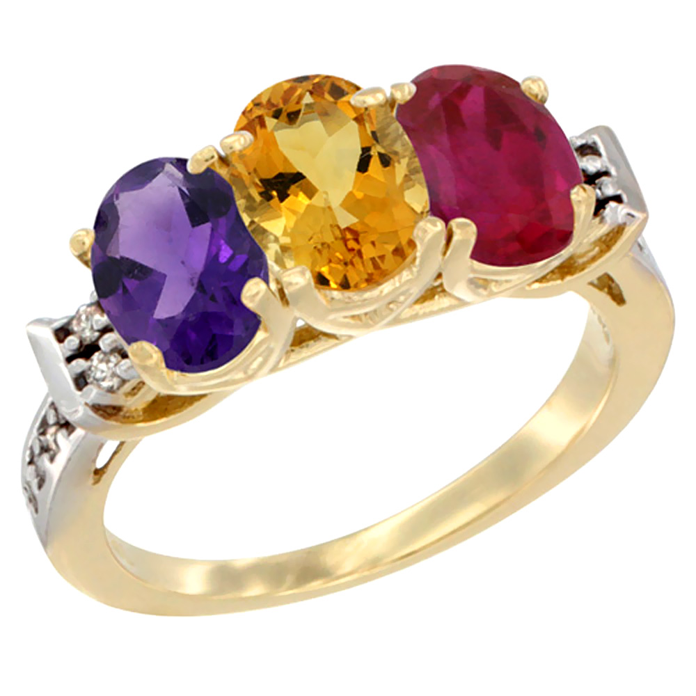 10K Yellow Gold Natural Amethyst, Citrine &amp; Enhanced Ruby Ring 3-Stone Oval 7x5 mm Diamond Accent, sizes 5 - 10