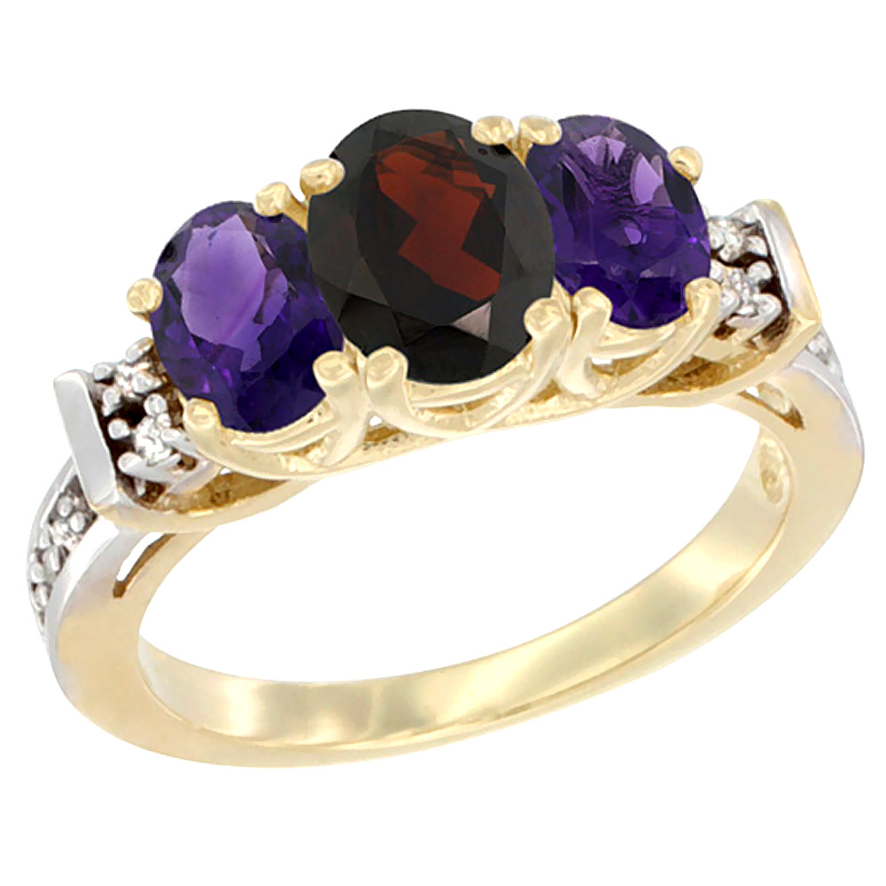 14K Yellow Gold Natural Garnet &amp; Amethyst Ring 3-Stone Oval Diamond Accent