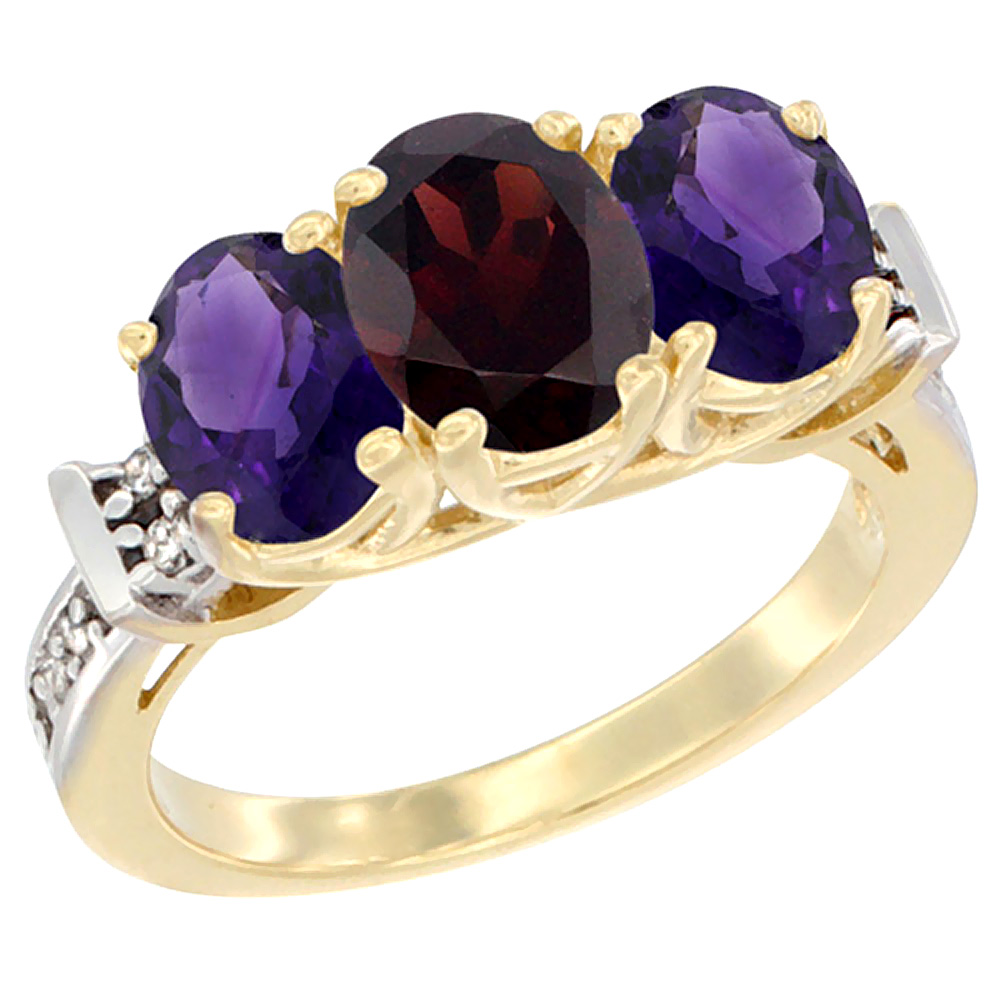 14K Yellow Gold Natural Garnet &amp; Amethyst Sides Ring 3-Stone Oval Diamond Accent, sizes 5 - 10