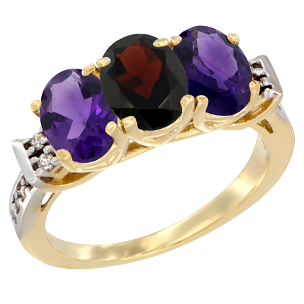 14K Yellow Gold Natural Garnet &amp; Amethyst Sides Ring 3-Stone 7x5 mm Oval Diamond Accent, sizes 5 - 10