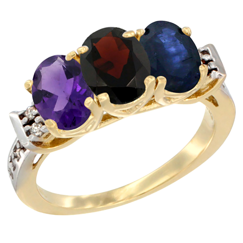 14K Yellow Gold Natural Amethyst, Garnet &amp; Blue Sapphire Ring 3-Stone 7x5 mm Oval Diamond Accent, sizes 5 - 10