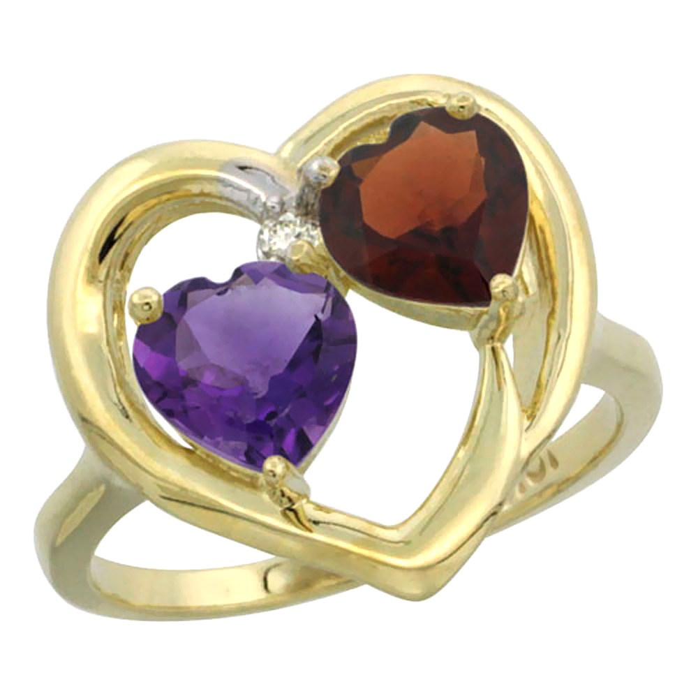 14K Yellow Gold Diamond Two-stone Heart Ring 6mm Natural Amethyst &amp; Garnet, sizes 5-10